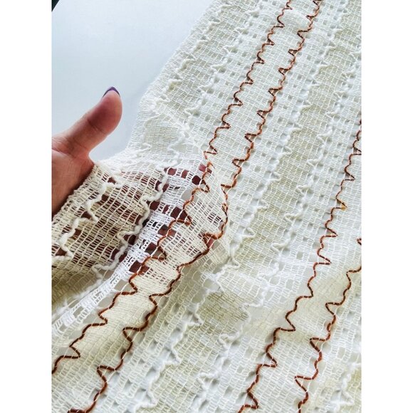 Vintage 70s mesh curtains, beige, red, brown striped net woven panels, pair - Picture 7 of 10
